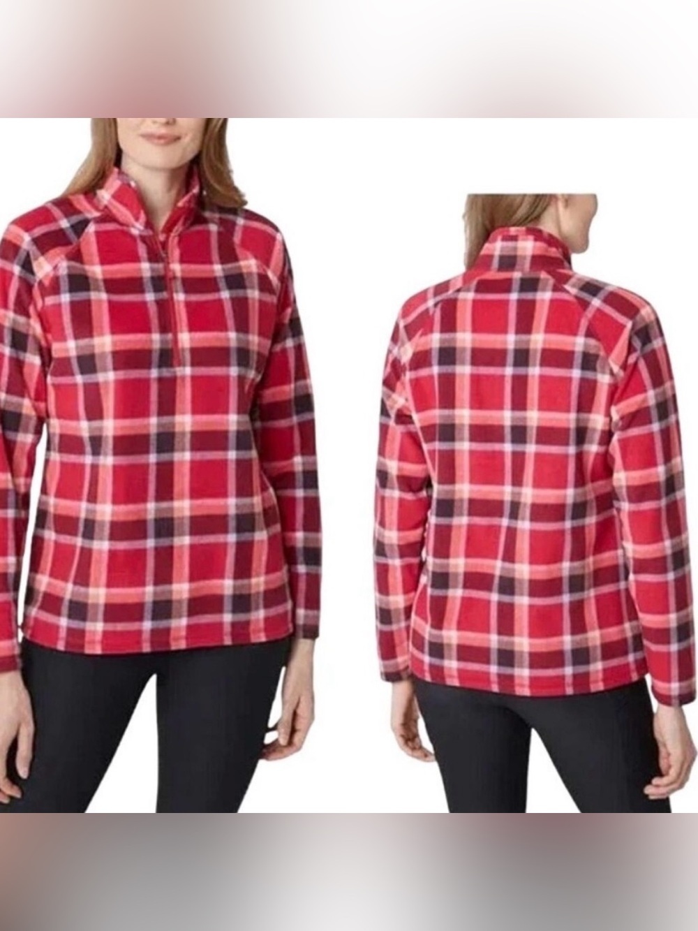 Eddie Bauer Plaid Fleece Quarter-Zip Pullover Sweater Jacket Medium Fall Cozy